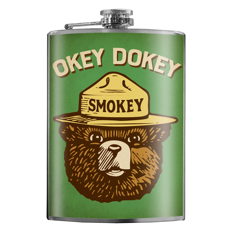 8 oz. Hip Flask: Okey Dokey, Smokey Kick off every holiday or party with confidence. Cool stylish stainless steel drinking flask. Designed for durability and aesthetic appeal.
