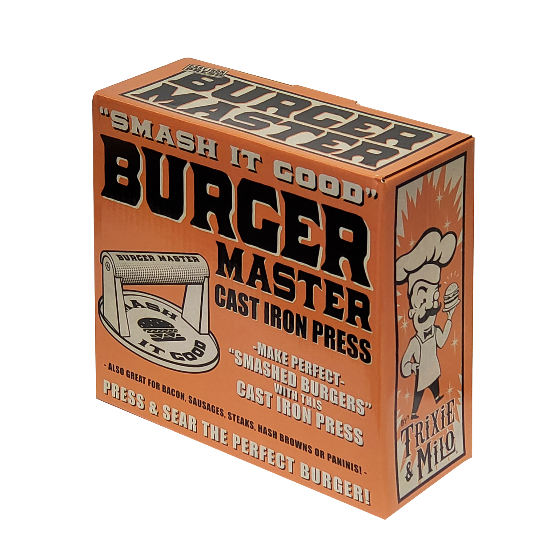 "Burger Master" Cast Iron Grill Press Smashburgers near me, anyone? Get smashed burgers at home, anytime! Perfect for any backyard BBQ grill boss or just to impress your friends at tailgate parties.