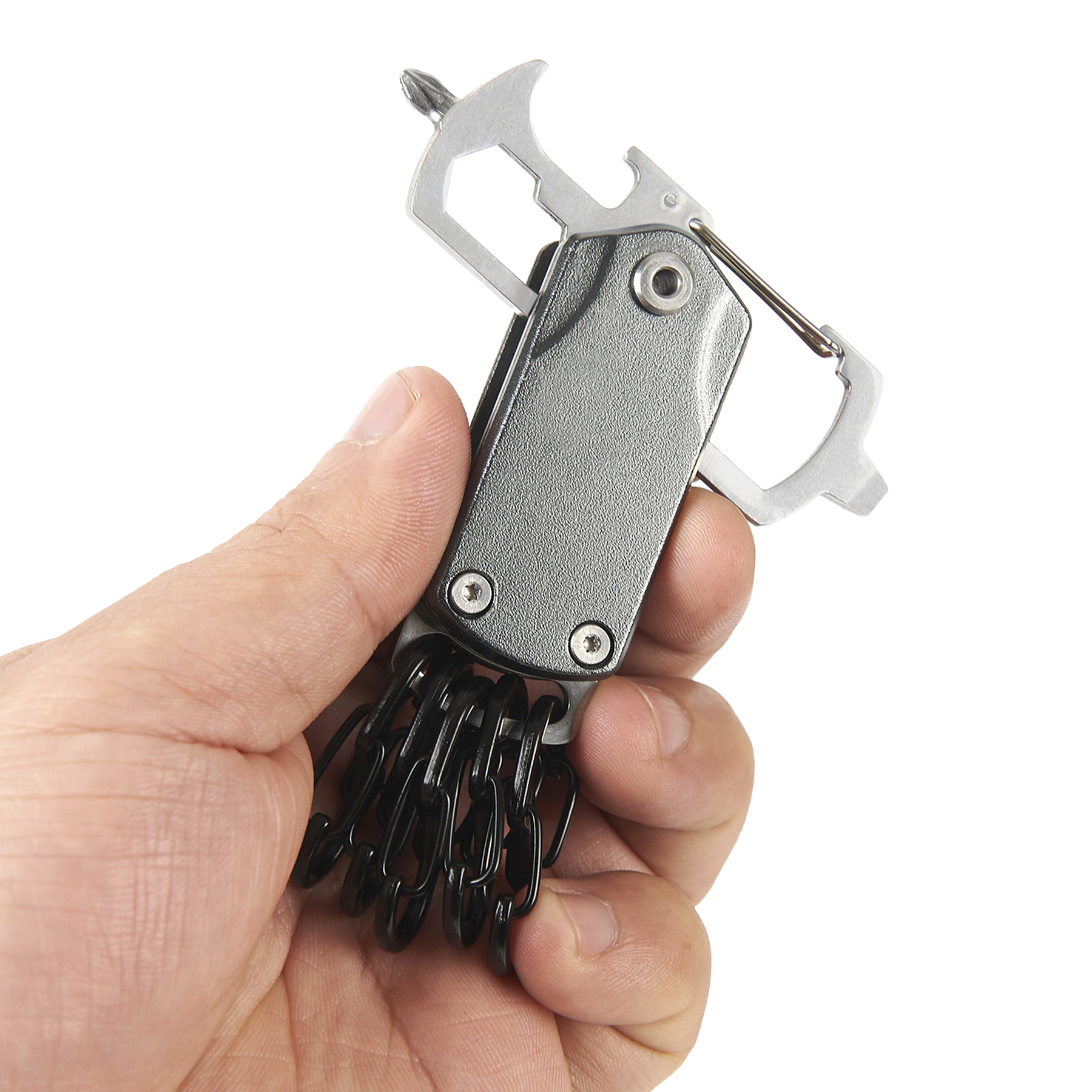 Flip Out Keyring Multifunction tool Portable, DIY projects, camping, hiking. Great for keychain organization; fits on keyring, carabiner, wallet. Features: 3 wrenches, bottle opener, Phillips and flathead screwdrivers and 6 clip on carabiner accessory. Great gift idea for men, glamping, excellent stocking stuffer!