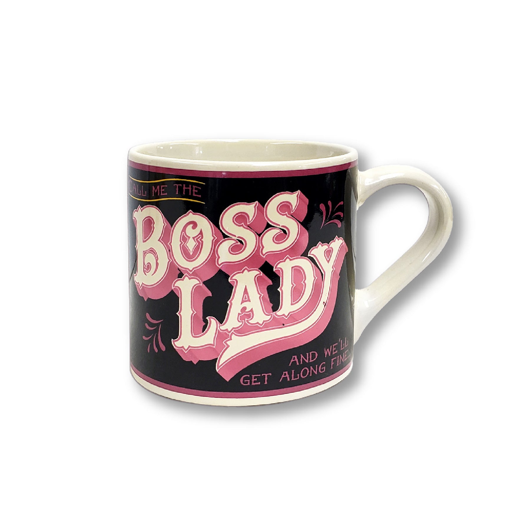 ceramic tea or coffee mug. cafe cup reads "Boss Lady" in pink, black, and off white retro vintage style