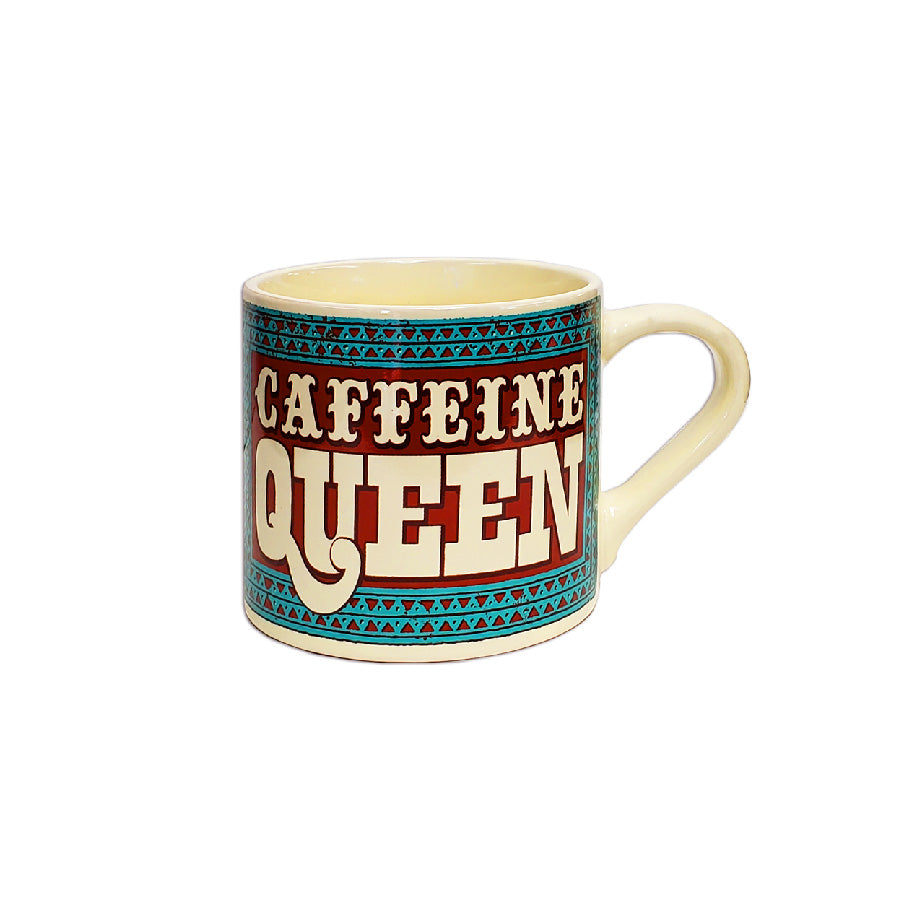 ceramic tea or coffee mug. cafe cup reads "Caffeine Queen" in turquoise, dark red, and off white retro vintage style