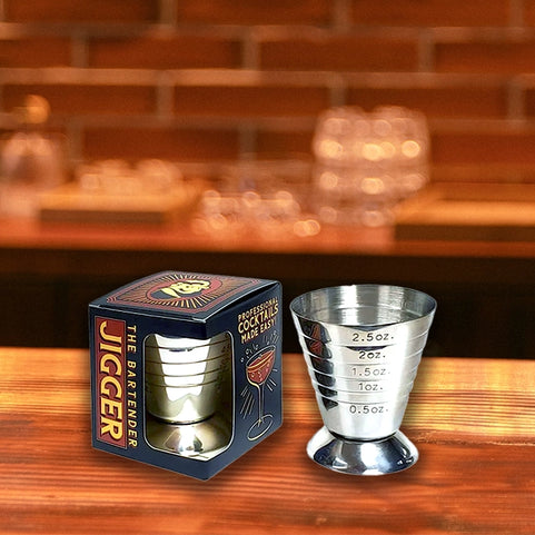 "The Bartender's Jigger"  Portable Shot Glass Barware cocktail utensil with vintage aesthetic. Compact size excellent for hosting at the bar or outdoors.