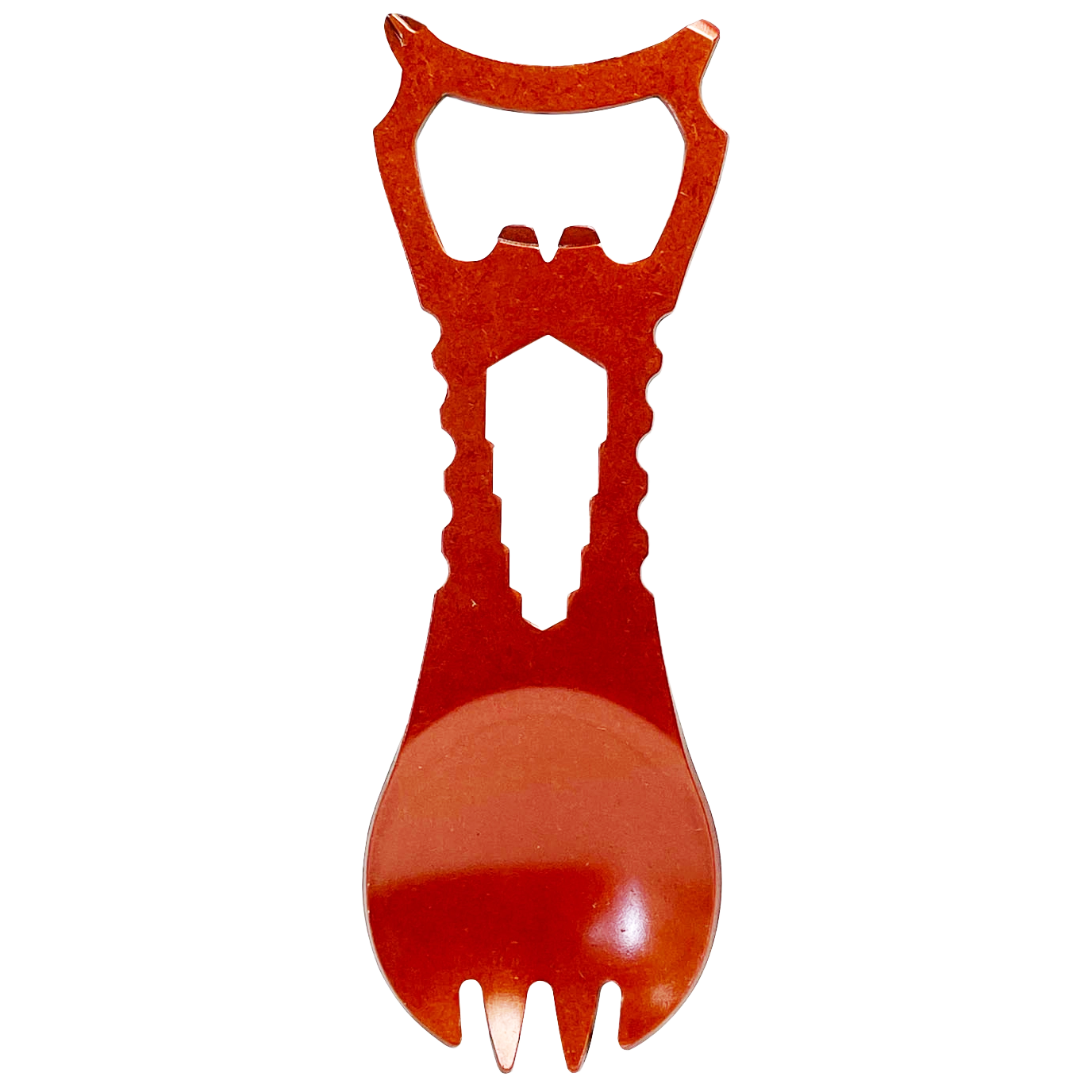 "Owl Spork" Camping Cookware and Multifunction Tool Stainless steel construction with orange plated finish
