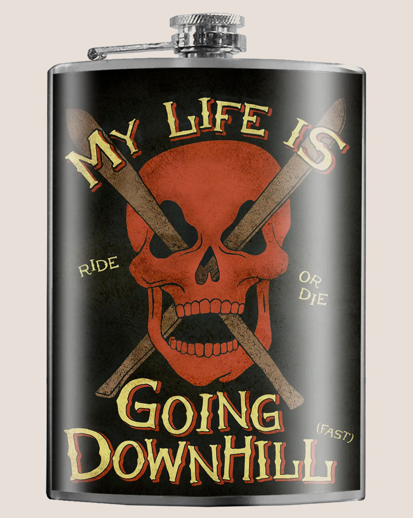 8 oz. Hip Flask: Skiing, My Life is Going Downhill "Ride or Die" Kick off every holiday or party with confidence. Cool stylish stainless steel drinking flask. Designed for durability and aesthetic appeal.