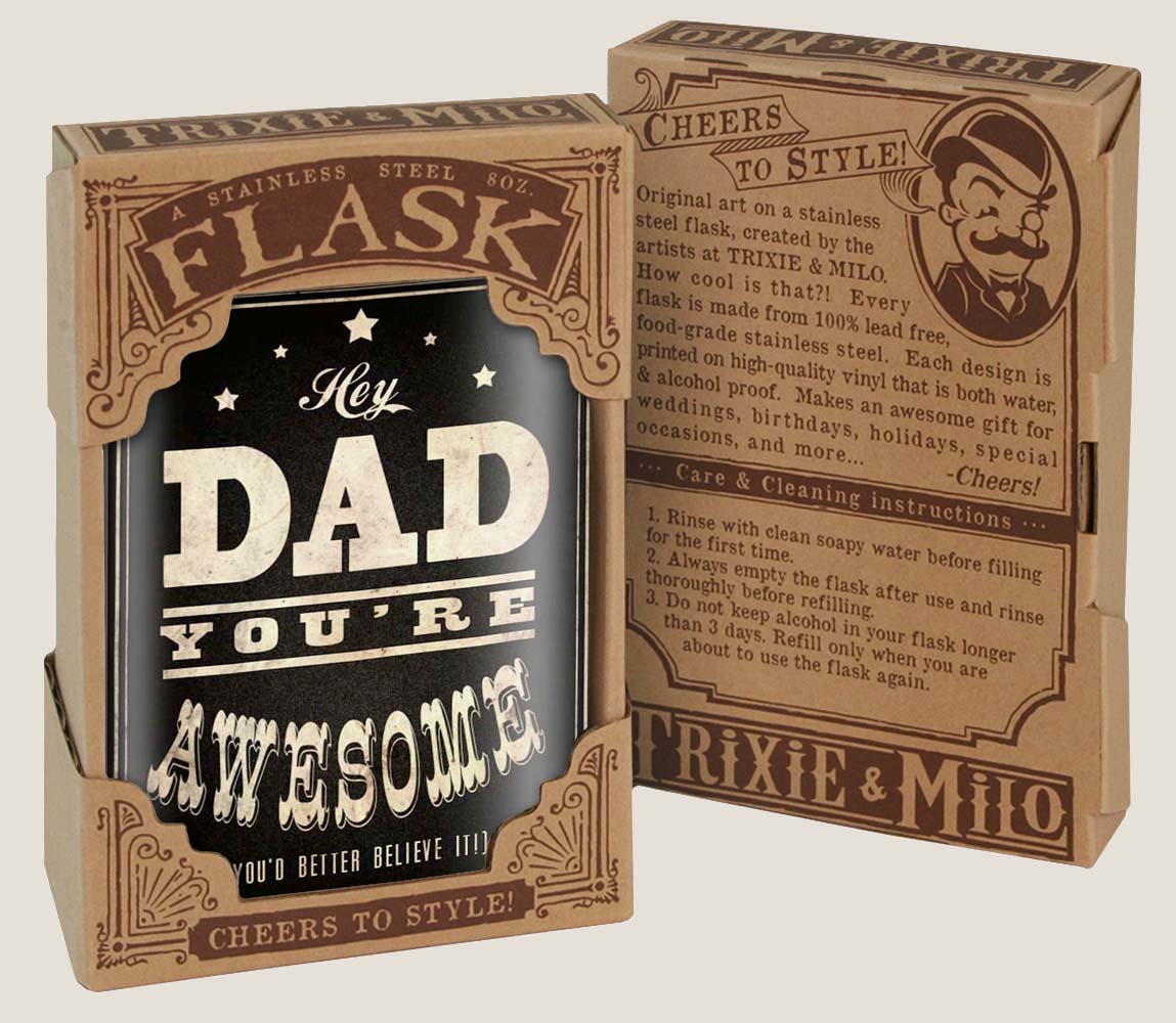 8oz Hip Flask: Hey Dad, You're Awesome (You'd better believe it.) Kick off every holiday or Father's Day party with confidence. Cool stylish stainless steel drinking flask. Designed for durability and vintage aesthetic appeal in gift box