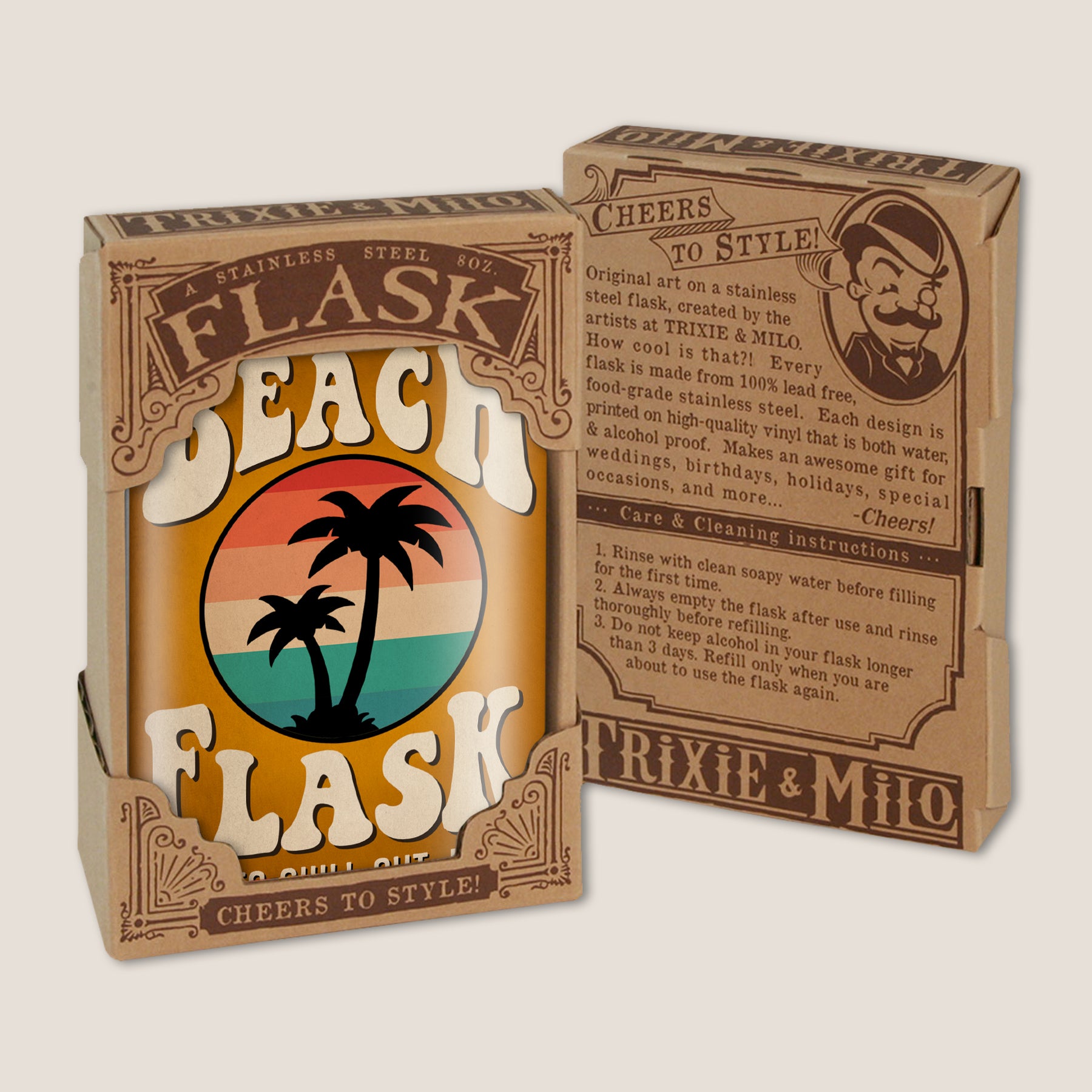 8 oz. Hip Flask: Beach Flask "Time to Chill Out, Dude!" Kick off every holiday or summer beach party with confidence. Cool stylish stainless steel drinking flask. Designed for durability and aesthetic appeal in gift box