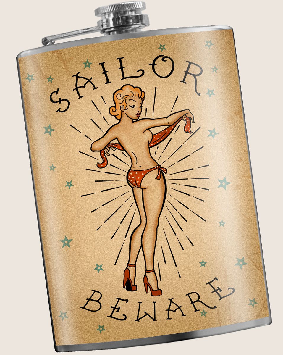 8 oz. Hip Flask: Sailor Beware Kick off every holiday or party with confidence. Cool stylish stainless steel drinking flask. Designed for durability and vintage aesthetic appeal.
