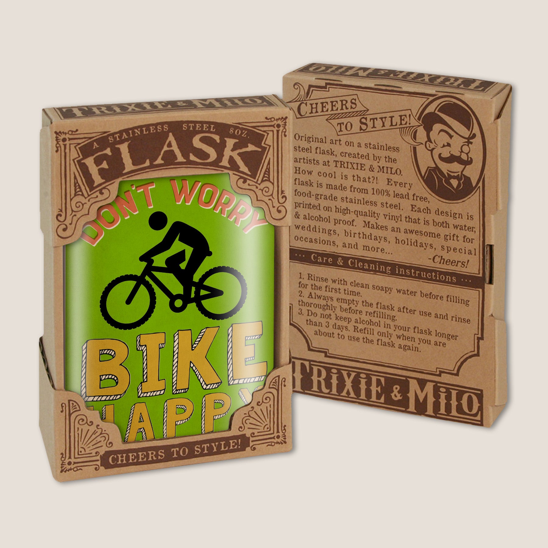 8oz Hip Flask: Don't Worry, Bike Happy Kick off every holiday or party with confidence. Cool stylish stainless steel drinking flask. Designed for durability and retro aesthetic appeal in gfit box