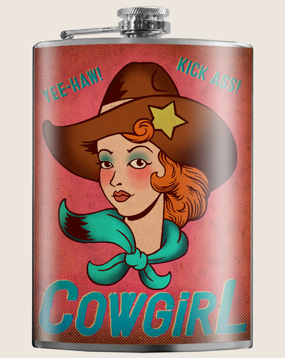 8oz Hip Flask: Yeehaw! Kickass, Cowgirl! Kick off every holiday or party with confidence. Cool stylish stainless steel drinking flask. Designed for durability and retro vintage aesthetic appeal.