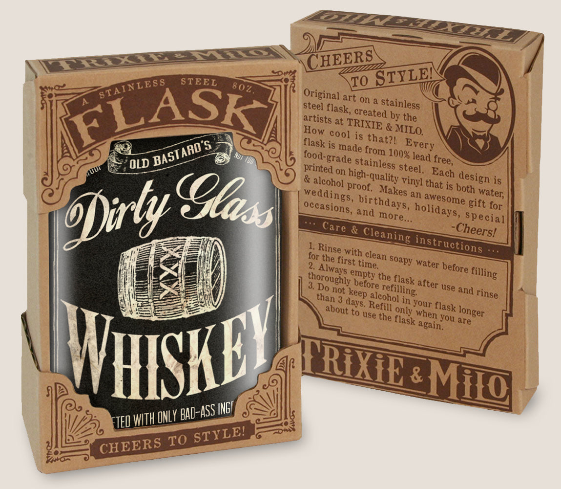 8oz Hip Flask: Old Bastard's Dirty Glass Whiskey (Handcrafted With Only Badass Ingredients) Kick off every holiday or party with confidence. Cool stylish stainless steel drinking flask. Designed for durability and vintage aesthetic appeal in gift box