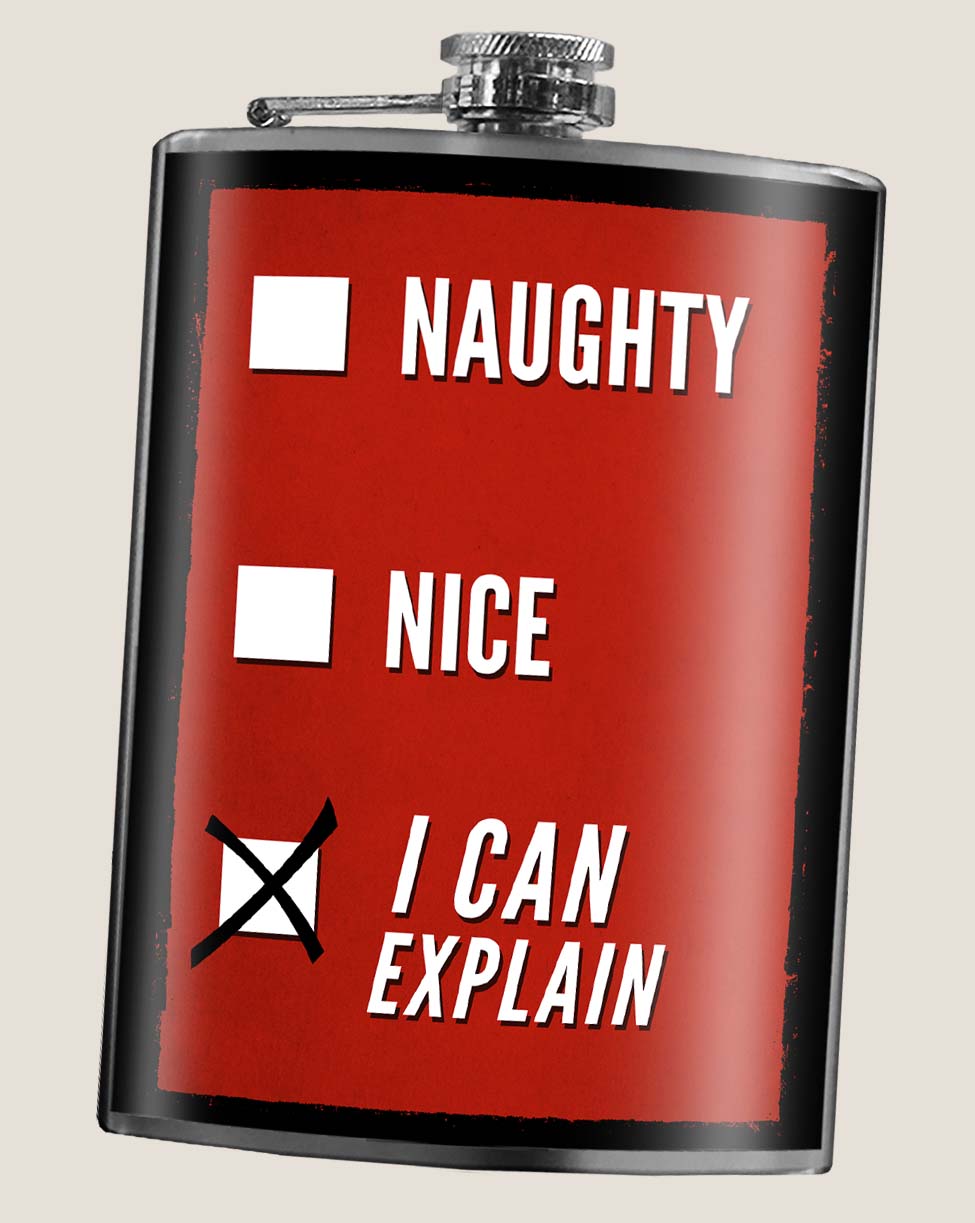 8 oz. Hip Flask: "Naughty. Nice. I Can Explain." Kick off every holiday or Christmas party with confidence. Cool stylish stainless steel drinking flask. Designed for durability and aesthetic appeal.