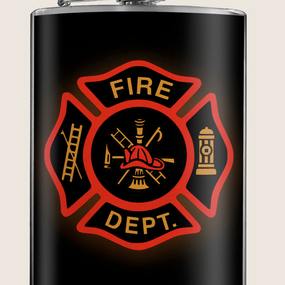 8 oz. Hip Flask: Fire Department Kick off every holiday or party with confidence. Cool stylish stainless steel drinking flask. Designed for durability and aesthetic appeal.