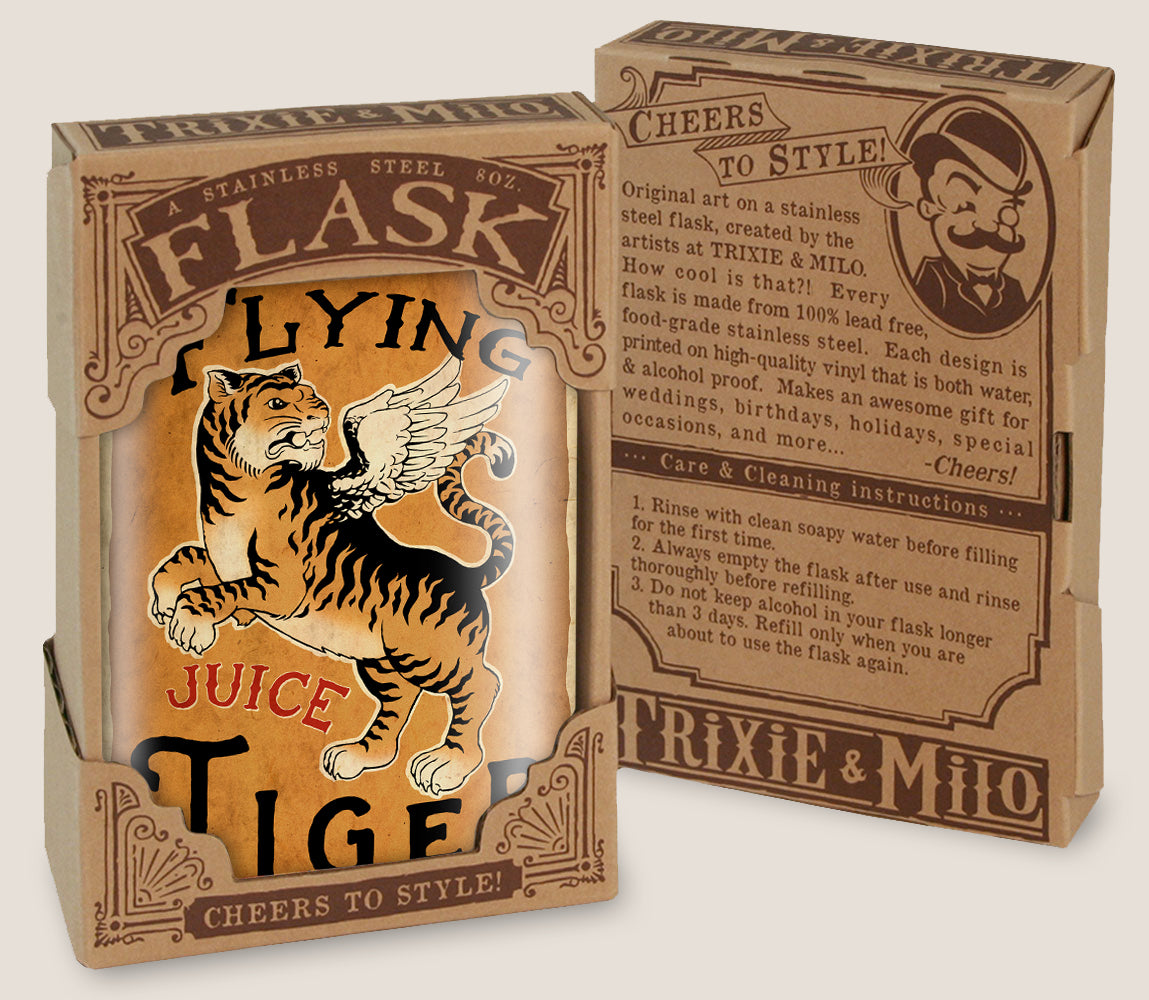 8 oz. Hip Flask: Flying Tiger Juice Kick off every holiday or party with confidence. Cool stylish stainless steel drinking flask. Designed for durability and vintage aesthetic appeal in gift box
