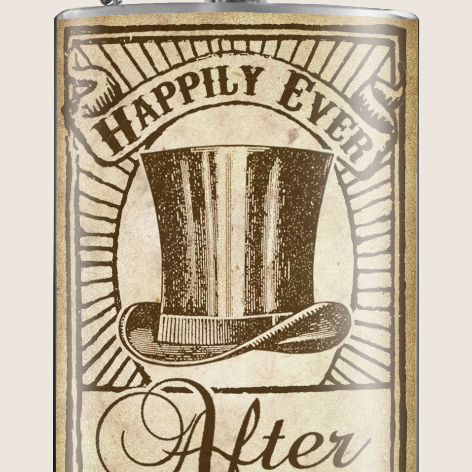 8 oz. Hip Flask: Happily Ever After (Groom) Kick off every anniversary or wedding party with confidence. Cool stylish stainless steel drinking flask. Designed for durability and vintage aesthetic appeal.