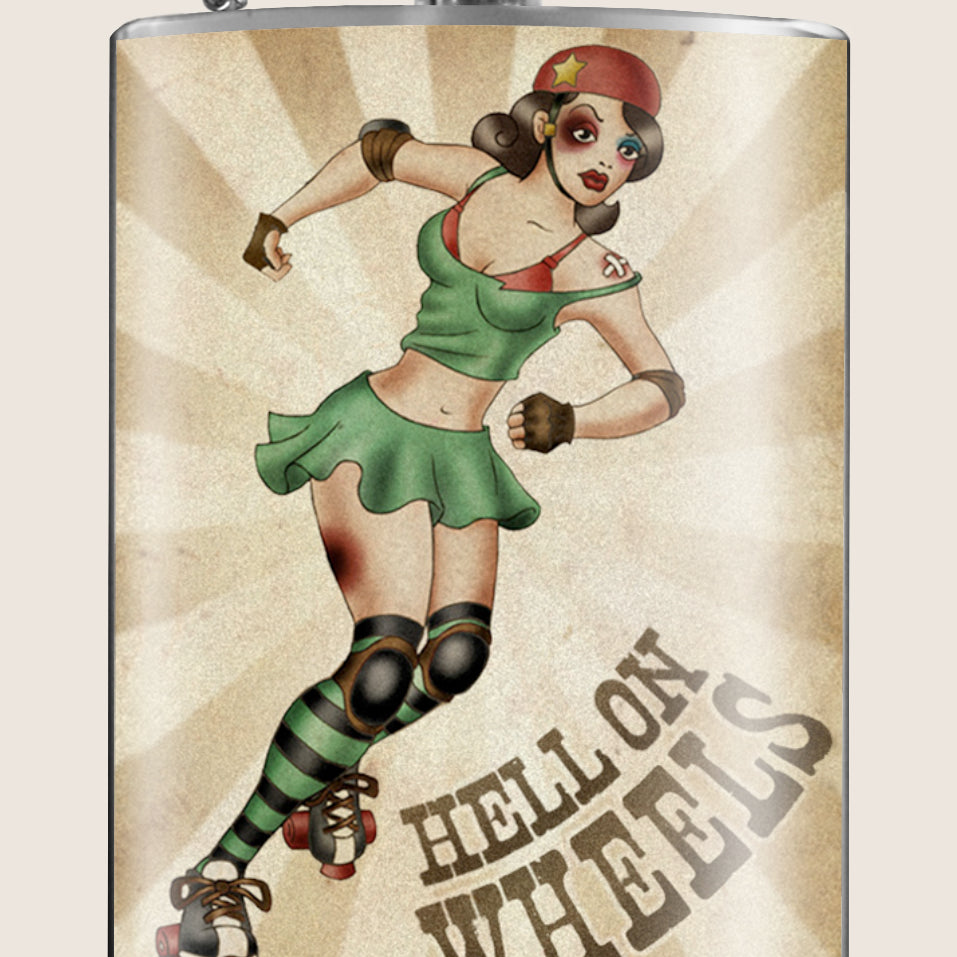 8 oz. Hip Flask: Hell On Wheels (Roller Derby) Kick off every holiday or party with confidence. Cool stylish stainless steel drinking flask. Designed for durability and vintage retro aesthetic appeal.