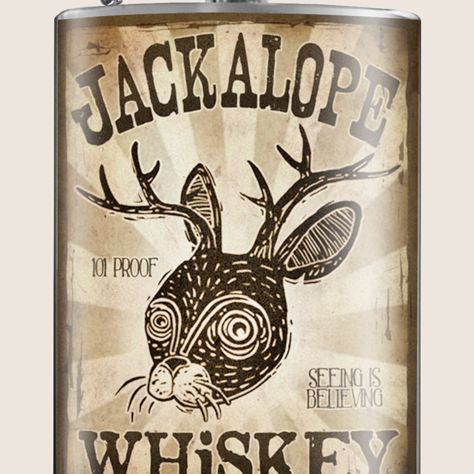 8 oz. Hip Flask: Jackalope Whiskey "Seeing Is Believing" Kick off every holiday or party with confidence. Cool stylish stainless steel drinking flask. Designed for durability and retro aesthetic appeal.