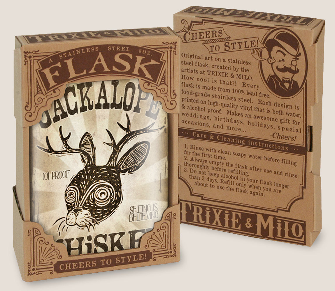 8 oz. Hip Flask: Jackalope Whiskey "Seeing Is Believing" Kick off every holiday or party with confidence. Cool stylish stainless steel drinking flask. Designed for durability and retro aesthetic appeal in gift box