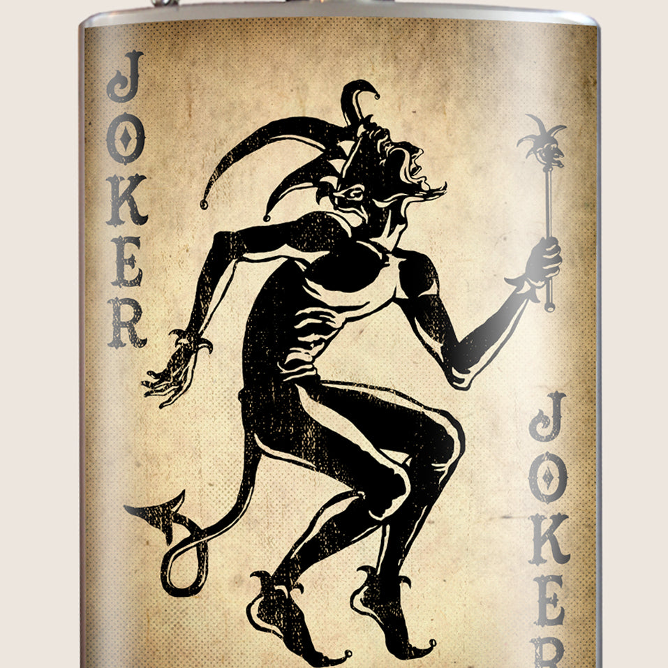 Joker- Hip Flask Classic barware by Trixie & Milo. A perfect gift for men- creative barware idea, or bachelorette party gift.