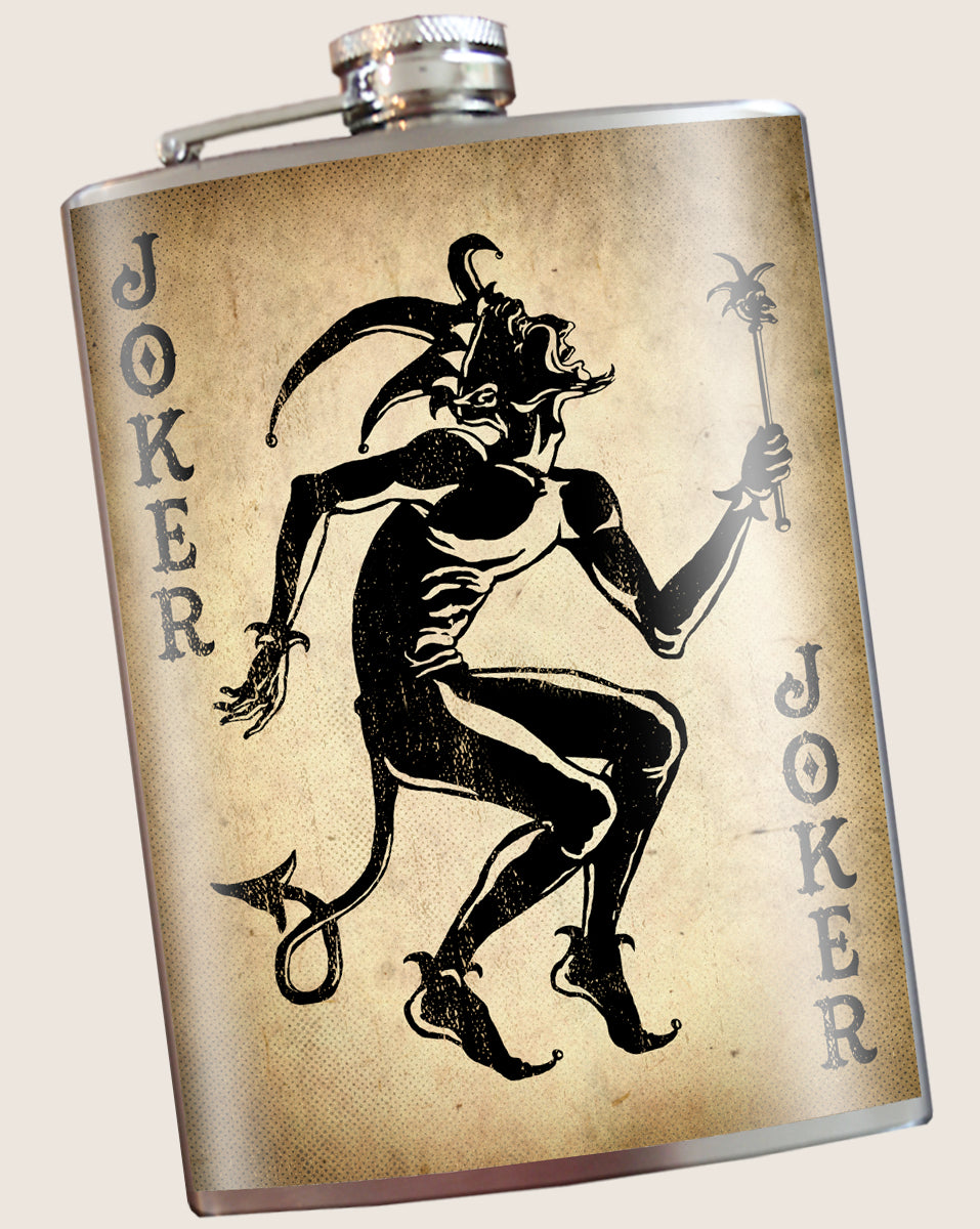 8 oz. Hip Flask: Joker Card Kick off every holiday or poker party with confidence. Cool stylish stainless steel drinking flask. Designed for durability and aesthetic appeal.