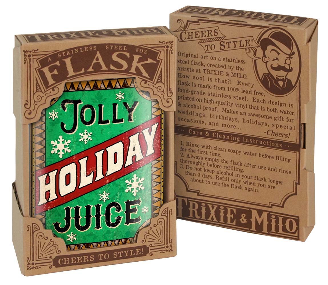 8 oz. Hip Flask: Jolly Holiday Juice Kick off every holiday or Christmas party with confidence. Cool stylish stainless steel drinking flask. Designed for durability and aesthetic appeal in gfit box
