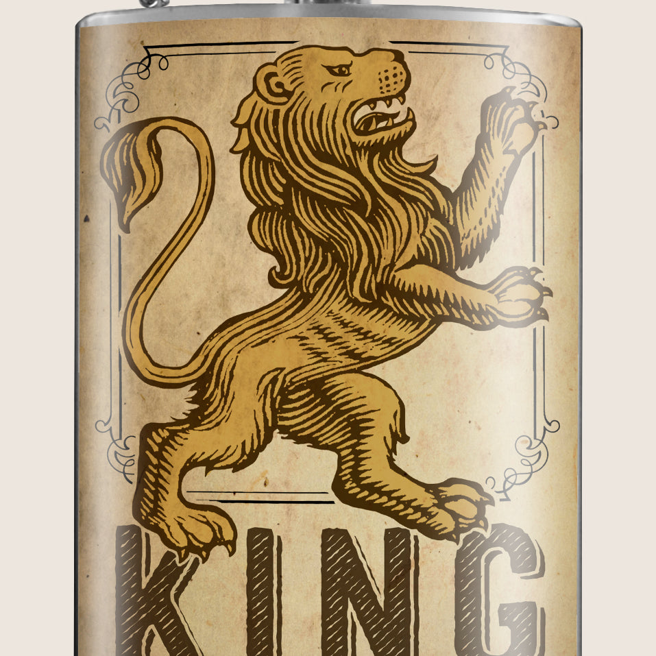 8 oz. Hip Flask: Lion King Kick off every holiday or party with confidence. Cool stylish stainless steel drinking flask. Designed for durability and aesthetic appeal.