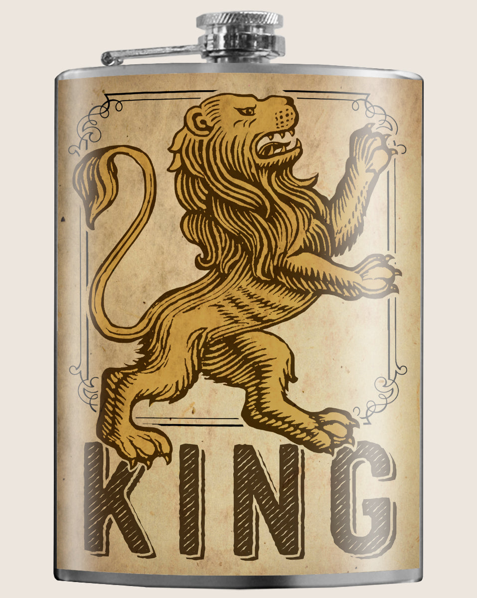 8 oz. Hip Flask: Lion King Kick off every holiday or party with confidence. Cool stylish stainless steel drinking flask. Designed for durability and aesthetic appeal.