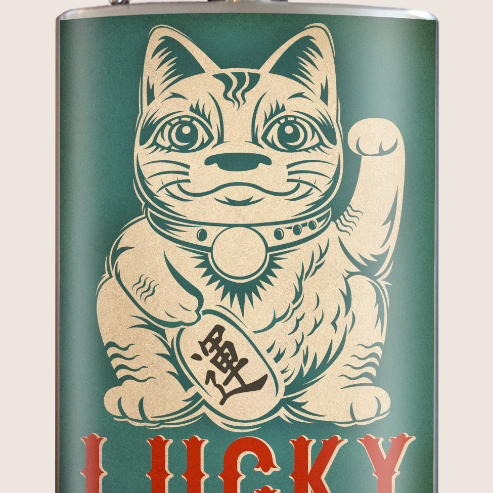 Lucky Cat- Hip Flask Classic barware by Trixie & Milo. A perfect gift for men- creative barware idea, or bachelorette party gift.
