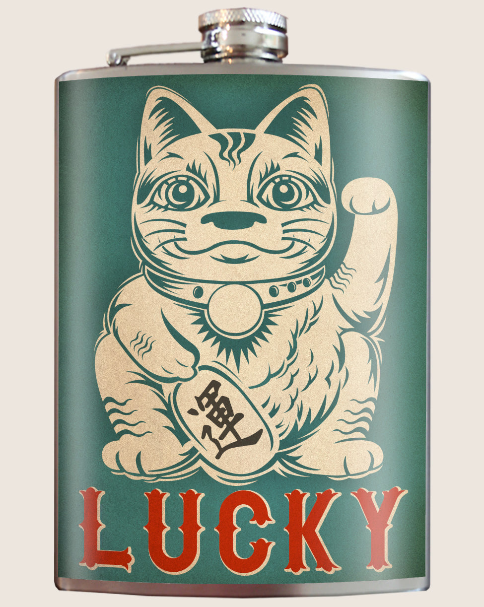 Lucky Cat- Hip Flask Classic barware by Trixie & Milo. A perfect gift for men- creative barware idea, or bachelorette party gift.