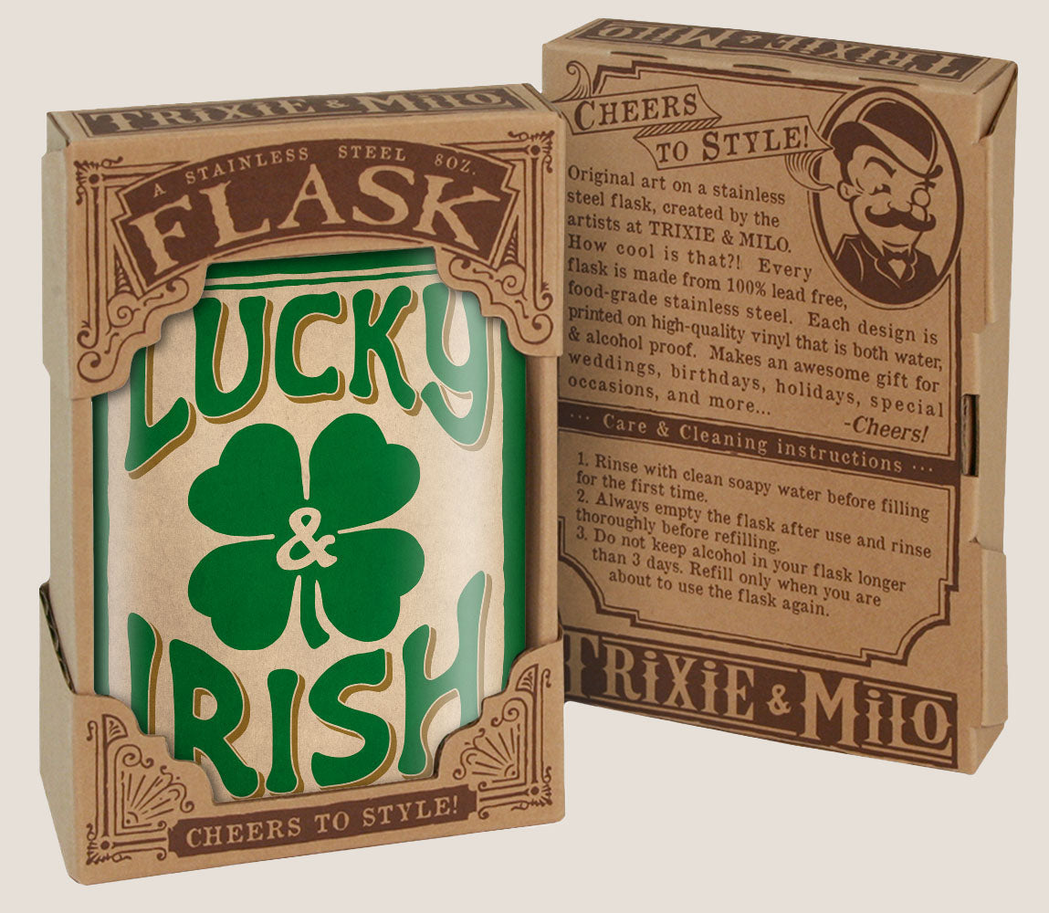 8 oz. Hip Flask: Lucky & Irish Kick off every holiday or St. Patrick's Day party with confidence. Cool stylish stainless steel drinking flask. Designed for durability and aesthetic appeal in gift box
