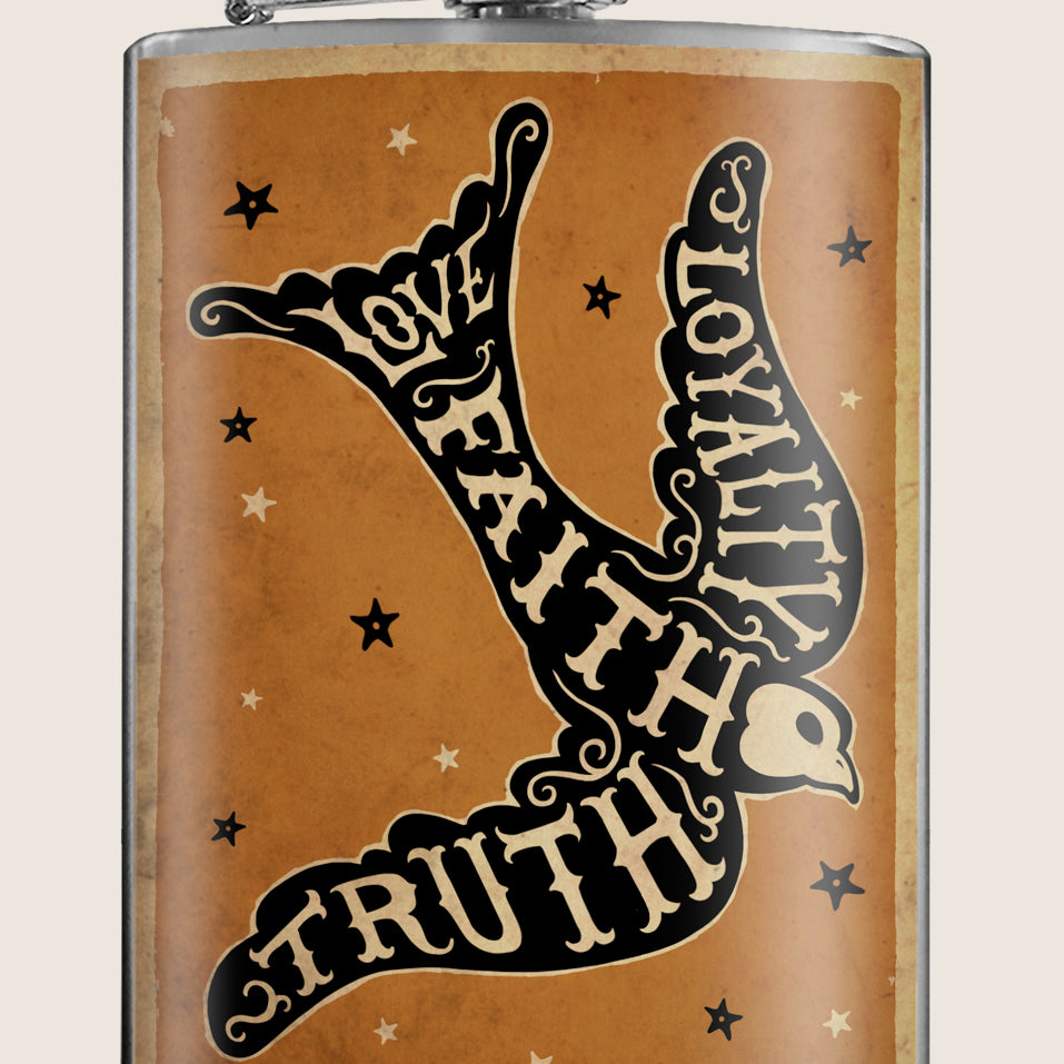8 oz. Hip Flask: Love, Faith, Truth, Loyalty Bird