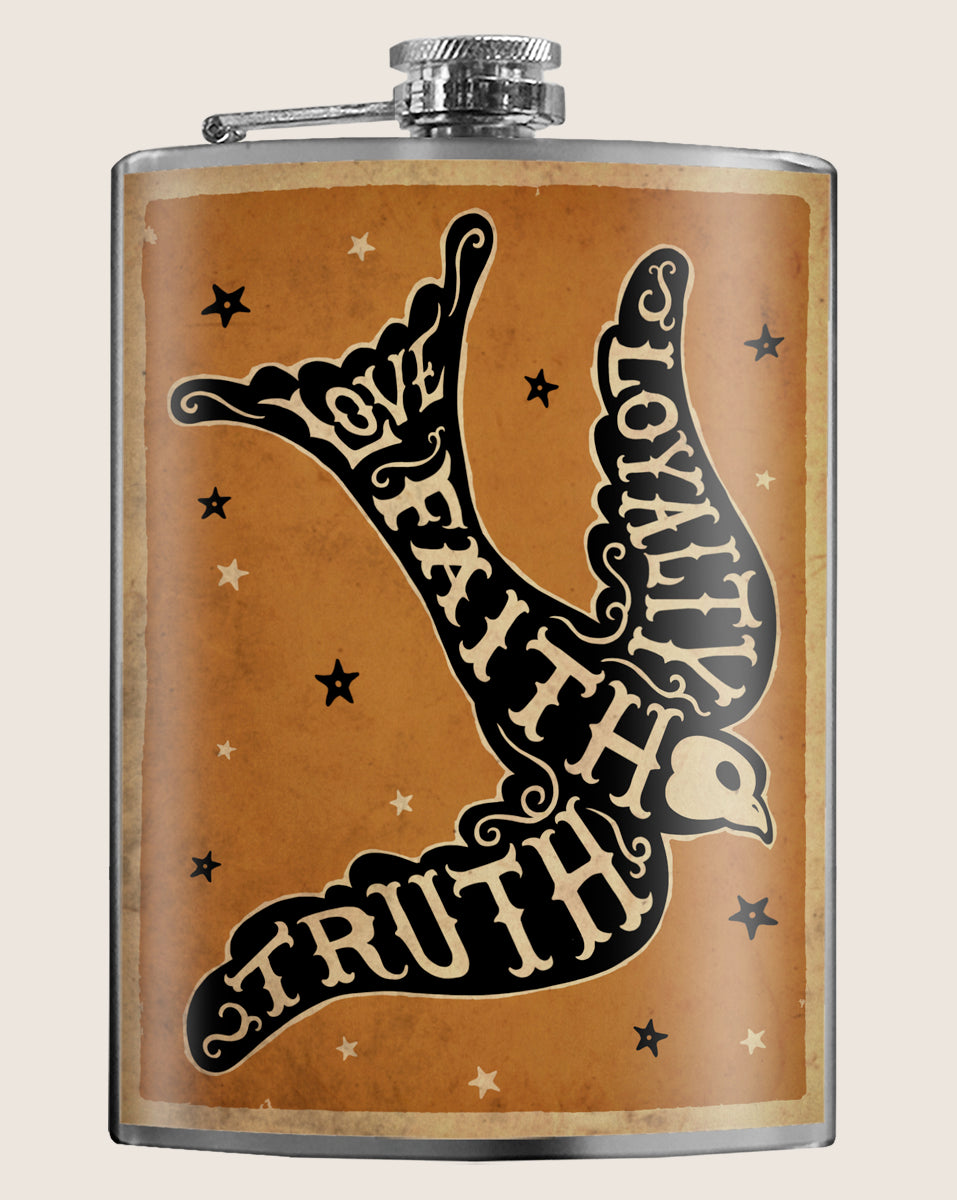 8 oz. Hip Flask: Love, Faith, Truth, Loyalty Bird