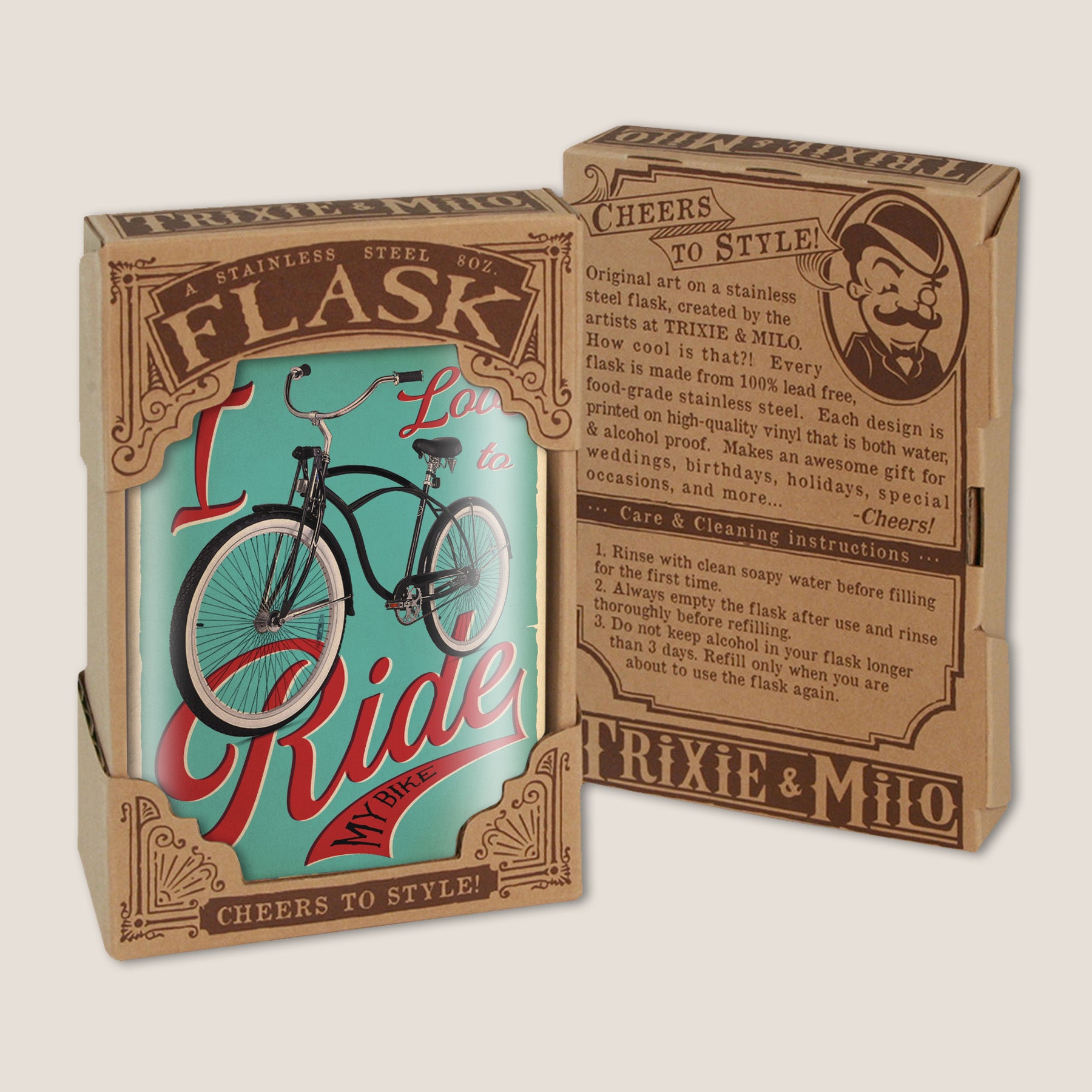 8 oz. Hip Flask: I Love To Ride My Bike Kick off every holiday or party with confidence. Cool stylish stainless steel drinking flask. Designed for durability and vintage aesthetic appeal in gift box