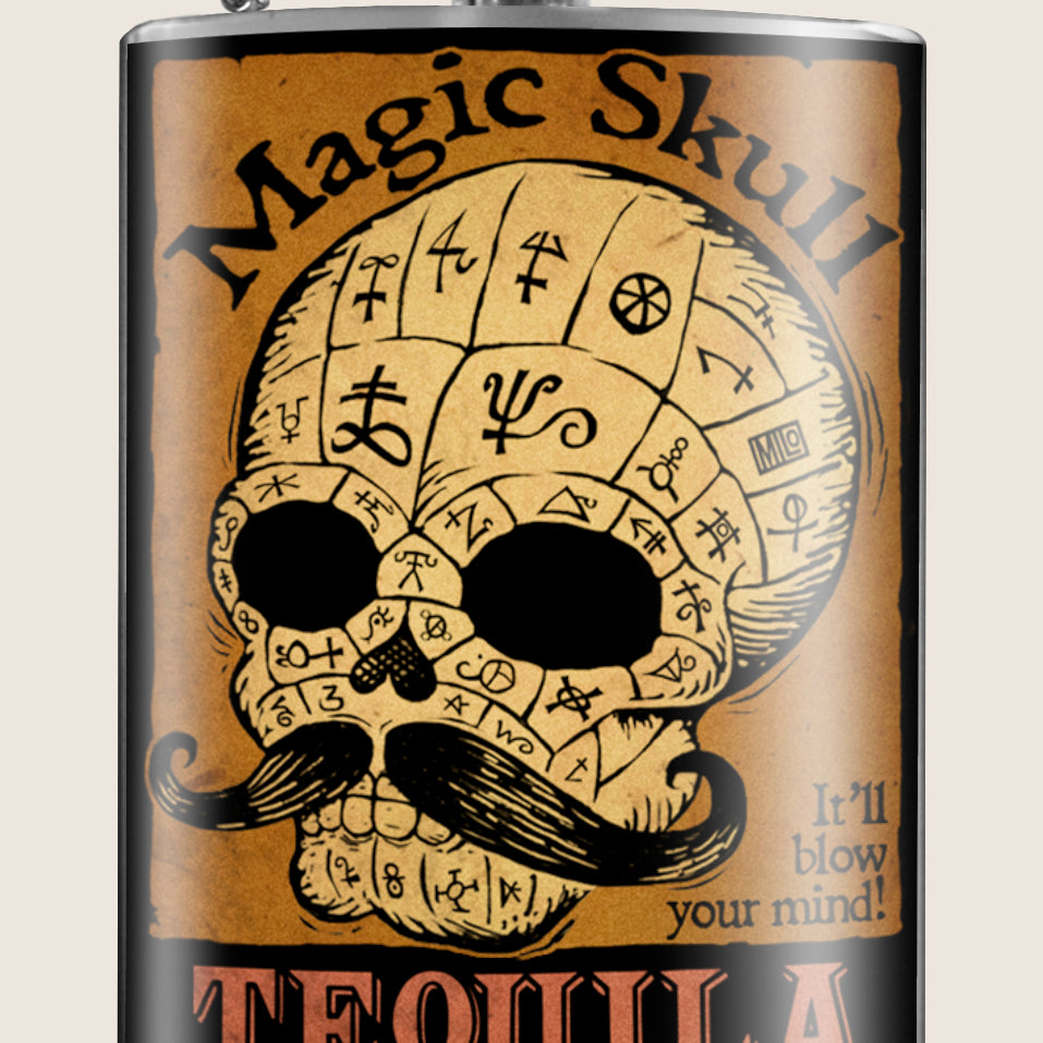 8 oz. Hip Flask: Magic Skull Tequila "It'll Blow Your Mind!" Kick off every holiday or party with confidence. Cool stylish stainless steel drinking flask. Designed for durability and vintage aesthetic appeal.