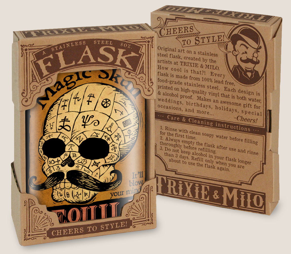 8 oz. Hip Flask: Magic Skull Tequila "It'll Blow Your Mind!" Kick off every holiday or party with confidence. Cool stylish stainless steel drinking flask. Designed for durability and vintage aesthetic appeal in gift box