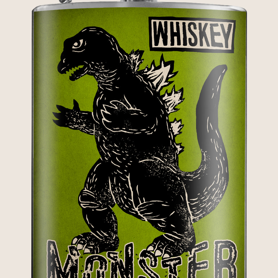 8 oz. Hip Flask: Whiskey Monster Kick off every holiday or party with confidence. Cool stylish stainless steel drinking flask. Designed for durability and aesthetic appeal.