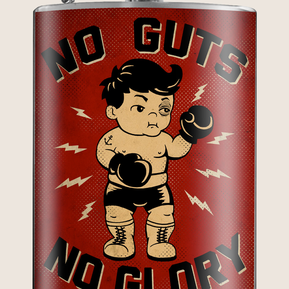 No Guts, No Glory- Hip Flask Classic barware by Trixie & Milo. Boxing baby. A perfect gift for men- creative barware idea, or bachelorette party gift.