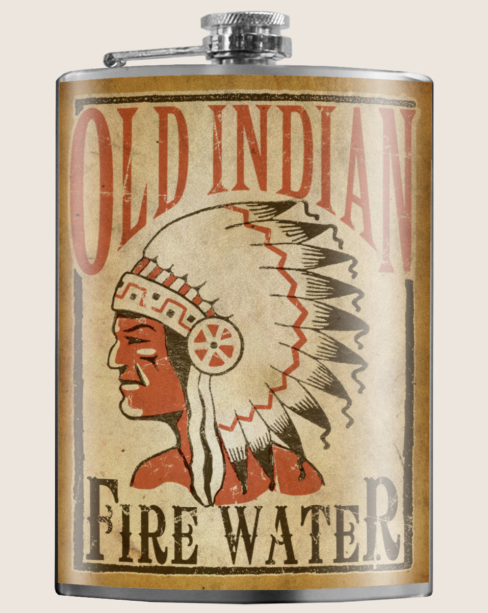 8 oz. Hip Flask: Old Indian Fire Water Kick off every holiday or party with confidence. Cool stylish stainless steel drinking flask. Designed for durability and vintage aesthetic appeal.