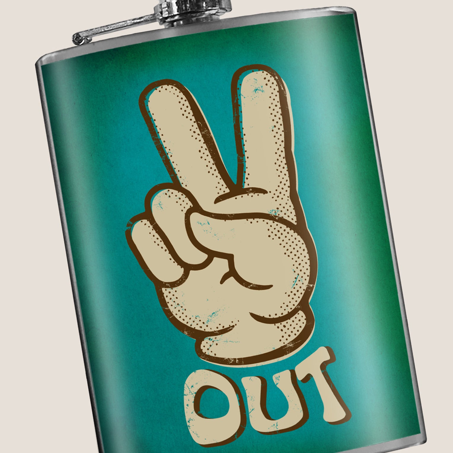 8 oz Hip Flask: Peace Out! Kick off every holiday or party with confidence. Cool stylish stainless steel drinking flask. Designed for durability and retro vintage aesthetic appeal.