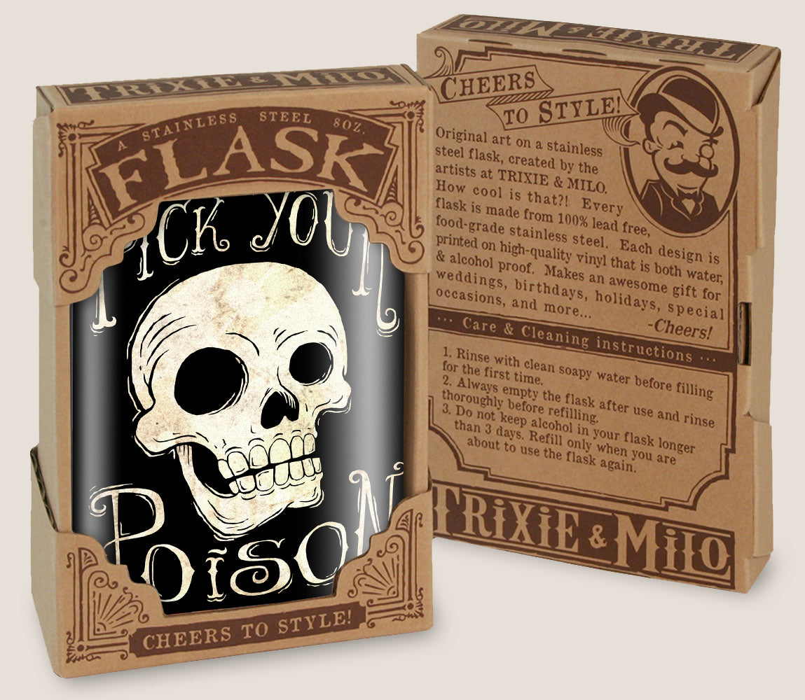 8 oz. Hip Flask: Pick Your Poison Kick off every Halloween or spooky party with confidence. Cool stylish stainless steel drinking flask. Designed for durability and aesthetic appeal in gift box