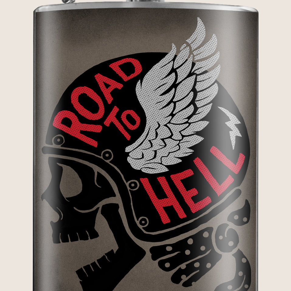8 oz. Hip Flask: Road to Hell (Motorcycle/biker) Kick off every holiday or party with confidence. Cool stylish stainless steel drinking flask. Designed for durability and aesthetic appeal.