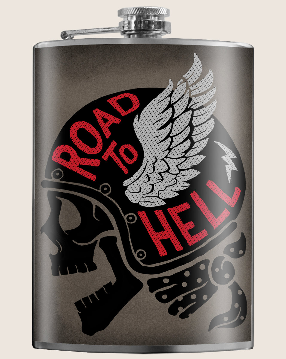 8 oz. Hip Flask: Road to Hell (Motorcycle/biker) Kick off every holiday or party with confidence. Cool stylish stainless steel drinking flask. Designed for durability and aesthetic appeal.