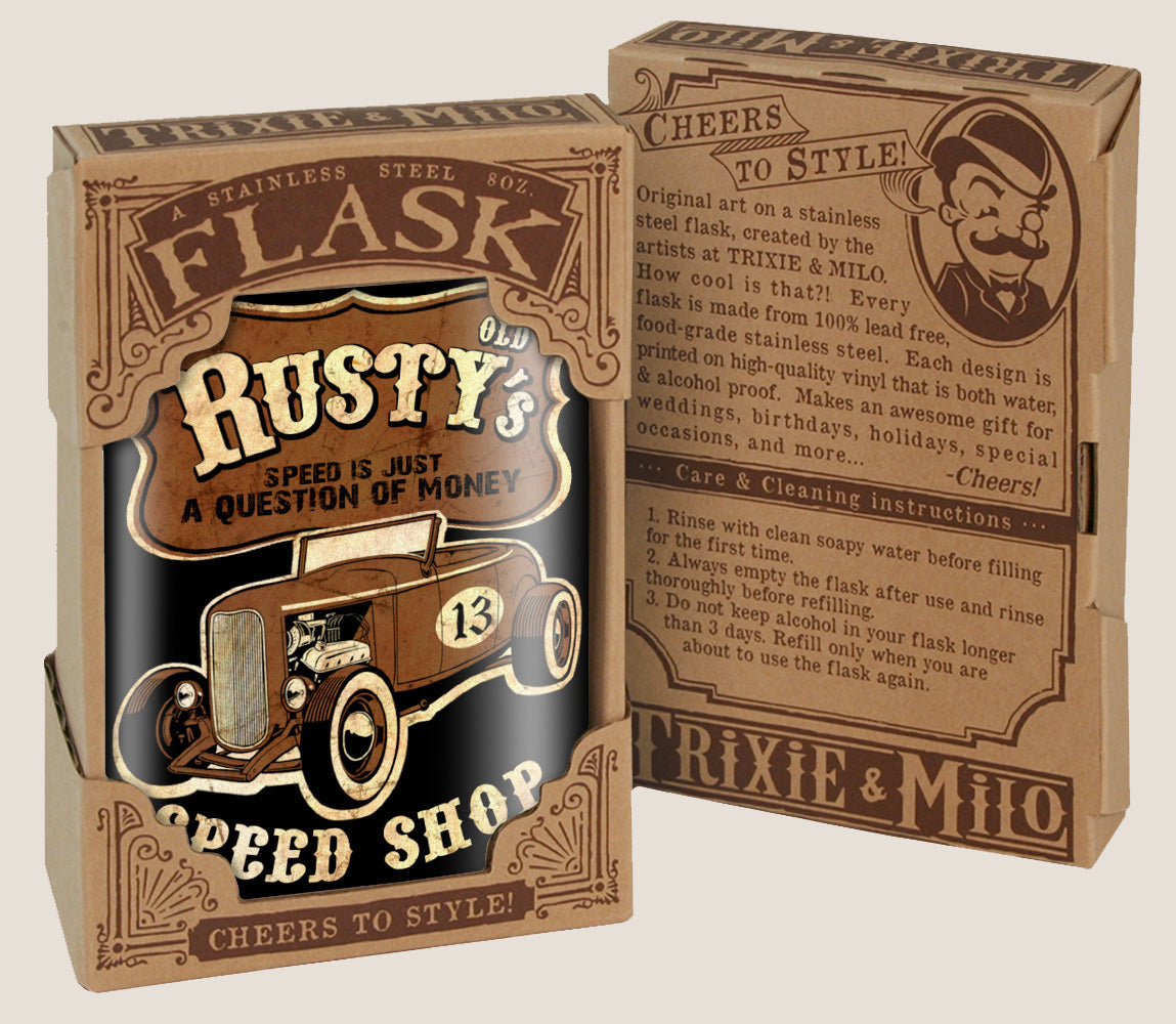 8 oz. Hip Flask: Old Rusty's Speed Shop "Speed is Just a Question of Money. How Fast Do You Want to Go?" Kick off every holiday or party with confidence. Cool stylish stainless steel drinking flask. Designed for durability and vintage aesthetic appeal in gift box