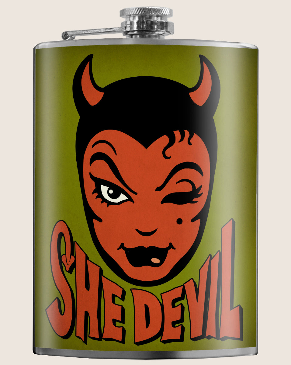 8 oz. Hip Flask: She Devil Kick off every Halloween or spooky party with confidence. Cool stylish stainless steel drinking flask. Designed for durability and vintage retro aesthetic appeal.