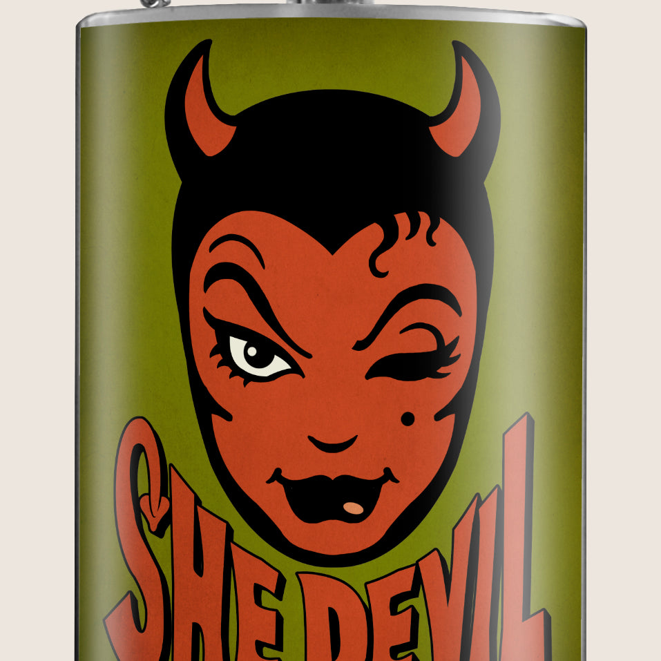 8 oz. Hip Flask: She Devil Kick off every Halloween or spooky party with confidence. Cool stylish stainless steel drinking flask. Designed for durability and vintage retro aesthetic appeal.