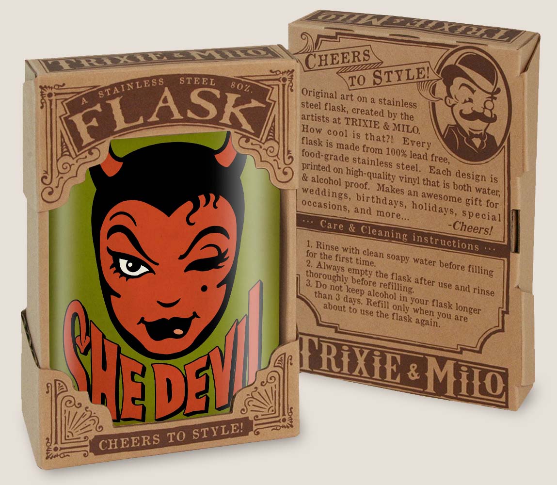 8 oz. Hip Flask: She Devil Kick off every Halloween or spooky party with confidence. Cool stylish stainless steel drinking flask. Designed for durability and vintage retro aesthetic appeal in gift box