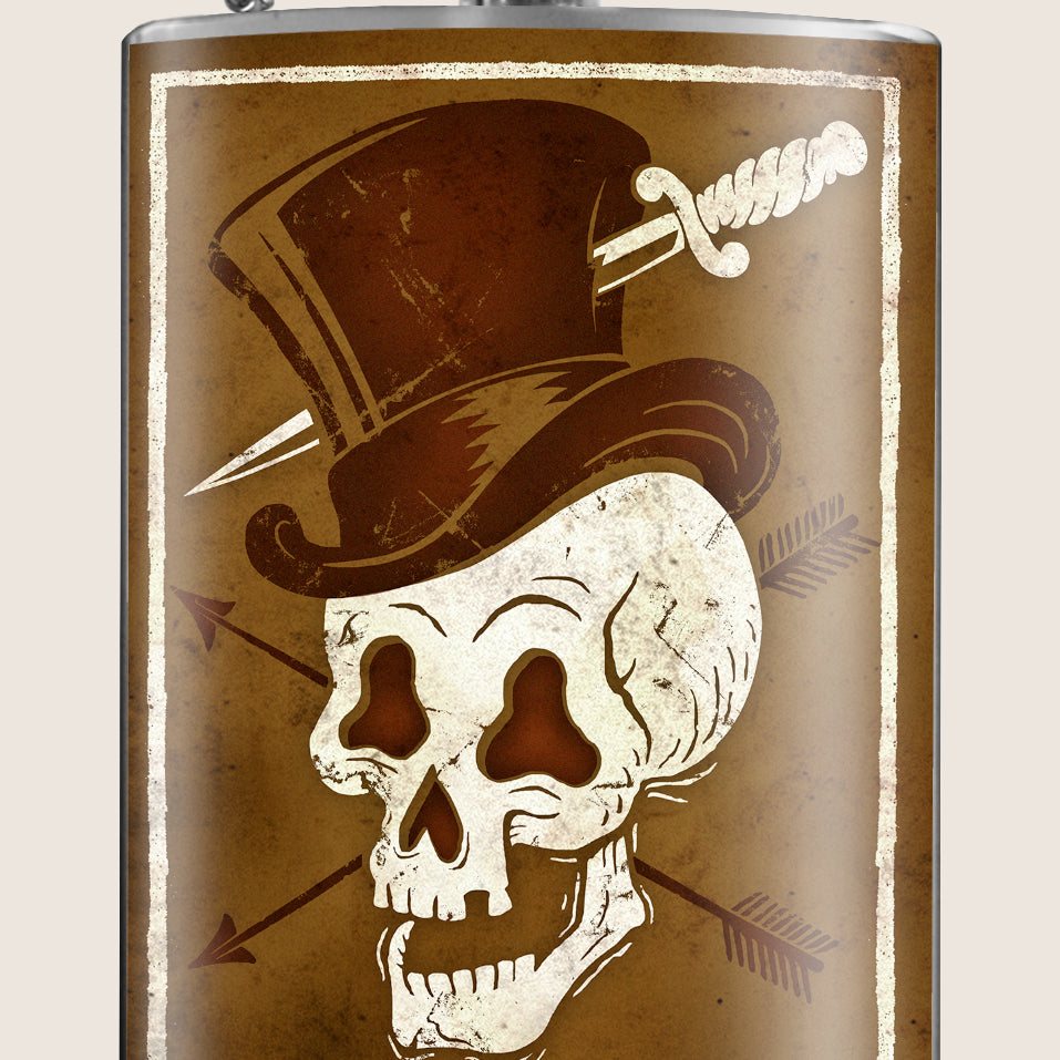 8 oz. Hip Flask: Skull Hat Kick off every Halloween or spooky party with confidence. Cool stylish stainless steel drinking flask. Designed for durability and aesthetic appeal.