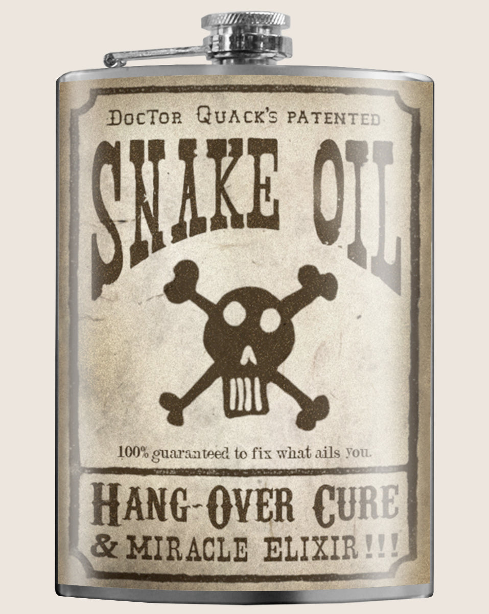 8 oz. Hip Flask: Doctor Quack's Patented Snake Oil "100% Guaranteed to Fix What Ails You. Hangover Cure & Miracle Elixir" Kick off every holiday or party with confidence. Cool stylish stainless steel drinking flask. Designed for durability and vintage kitsch aesthetic appeal.