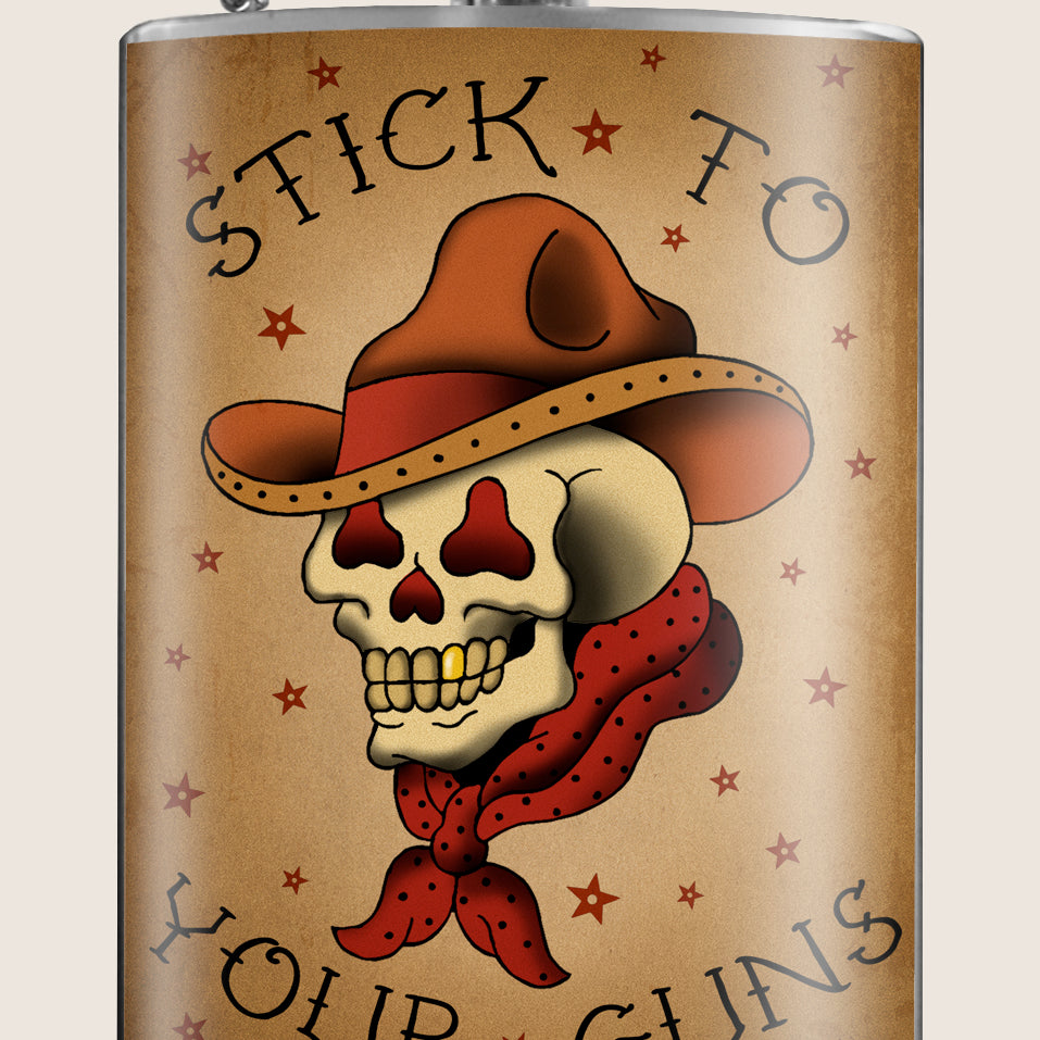 8 oz. Hip Flask: Stick to Your Guns Kick off every holiday or party with confidence. Cool stylish stainless steel drinking flask. Designed for durability and vintage western aesthetic appeal.