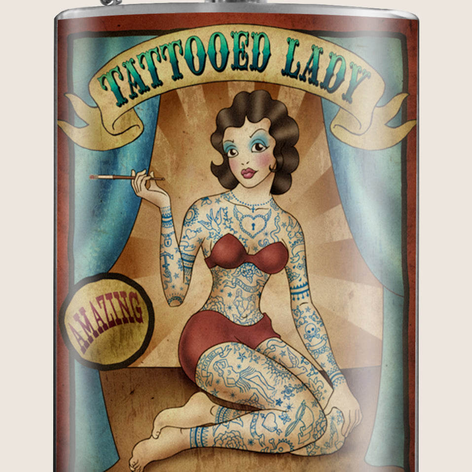8 oz. Hip Flask: Tattooed Lady "Amazing!" Kick off every holiday or party with confidence. Cool stylish stainless steel drinking flask. Designed for durability and vintage aesthetic appeal.