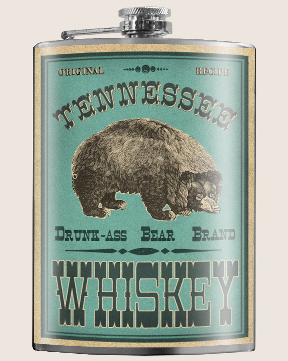 8oz Hip Flask: Tennessee Whiskey, Drunk-ass Bear Brand Kick off every holiday or party with confidence. Cool stylish stainless steel drinking flask. Designed for durability and vintage aesthetic appeal.